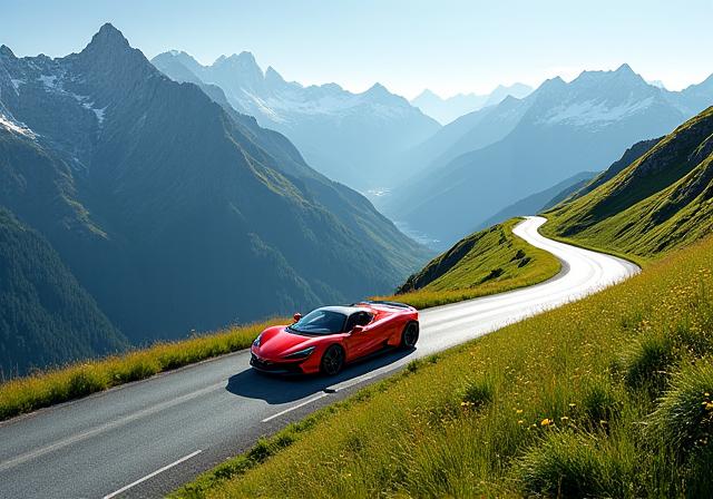 Ein Sportwagen, der eine Serpentinenstrasse in den Alpen hinauffährt.