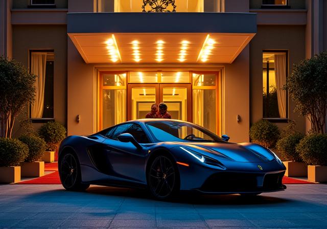 Ein Sportwagen parkt nachts vor dem beleuchteten Eingang eines Fünf-Sterne-Hotels.