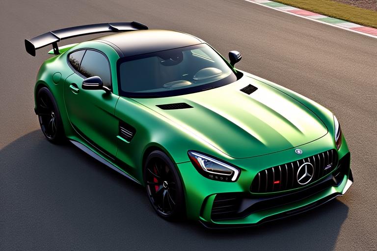 Ein mattgrüner Mercedes-AMG GT R aus der Vogelperspektive.